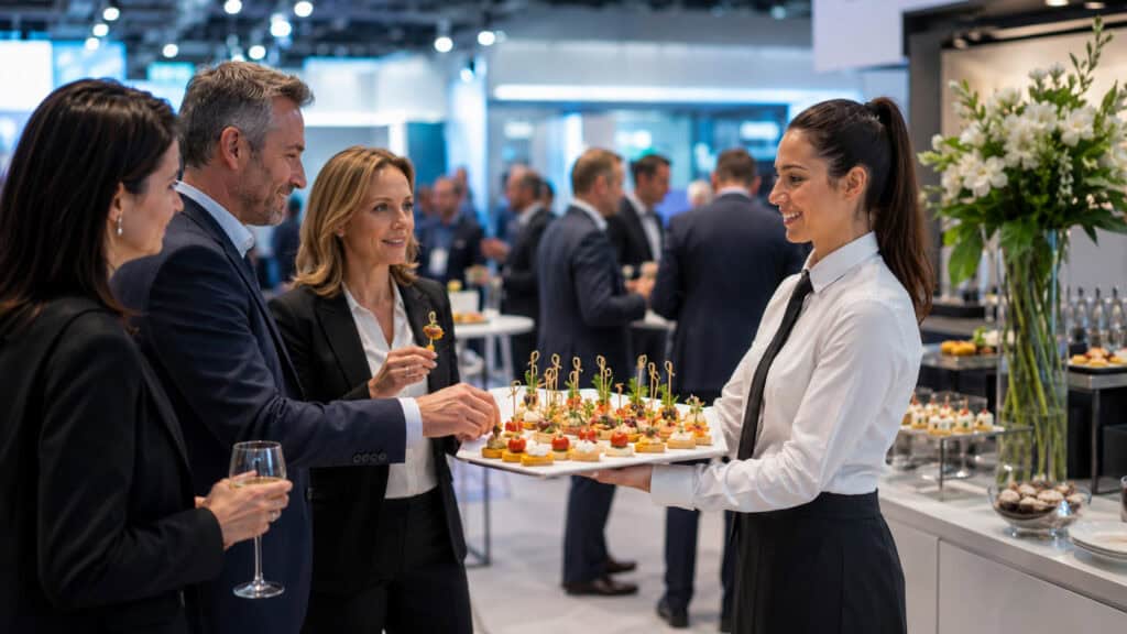 Servicekraft serviert Messegästen Flying-Buffet am Messestand Frankfurt